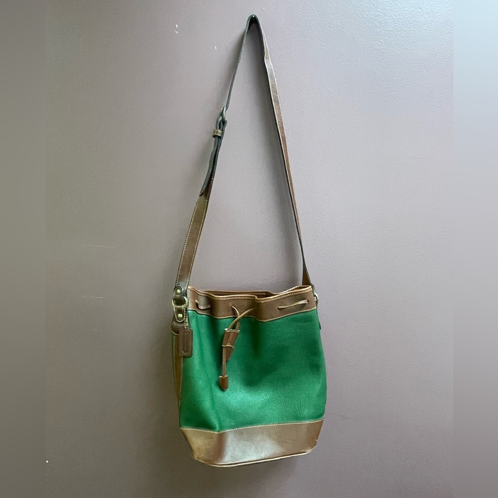 Vintage Coach Bucket Bag Hunter Green Brown Leather Satchel Shoulder 0920-301